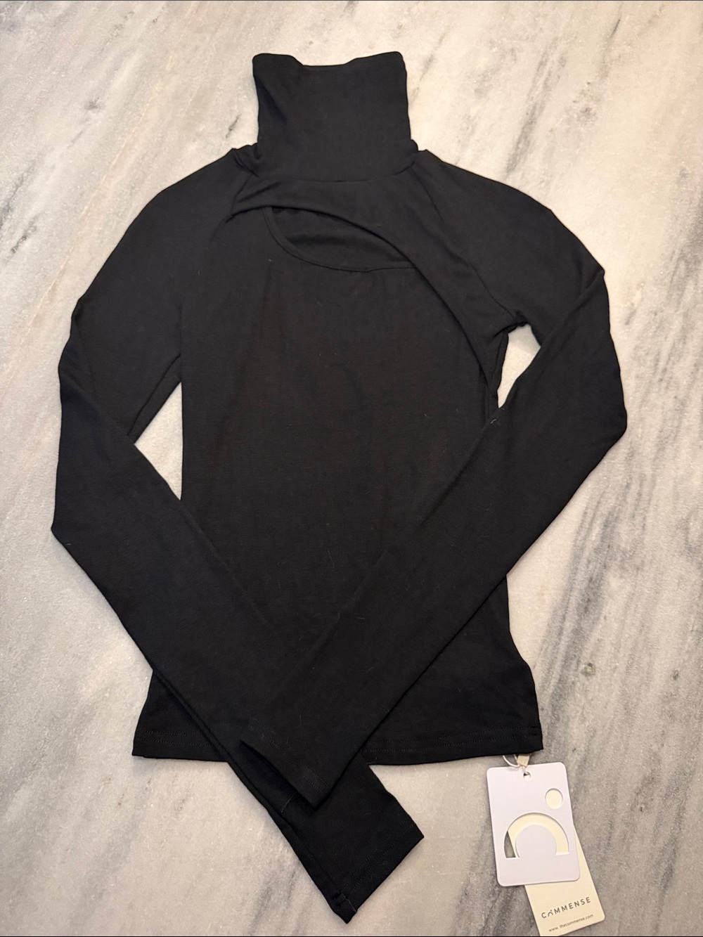 Commense Black Long-Sleeve Turtleneck Top with Front Cutout
